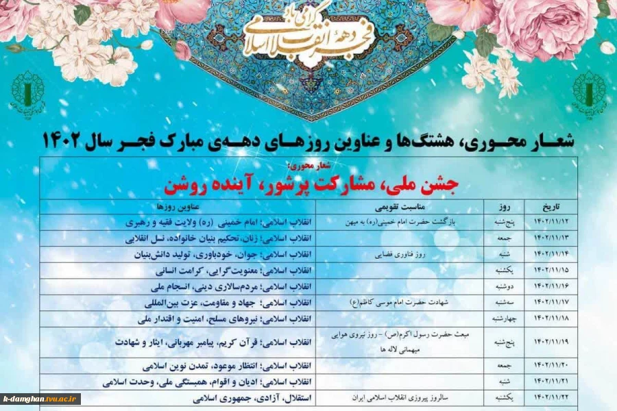 شعار محوری و عناوین روزهای ایام الله دهه فجر سال ۱۴۰۲
      «جشن ملی، مشارکت پرشور، آینده روشن» 2